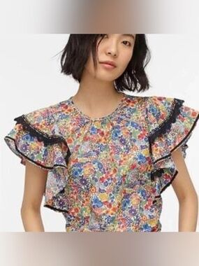 J. Crew Multicolor Floral Ruffle Sleeve Blouse with Black Trim